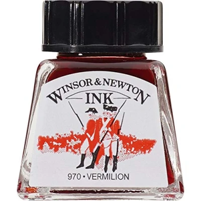 Obrázek Winsor &amp; Newton 1005680 Drawing Inks kreslicí tuš pro kaligrafy, ilustrátory, grafiky, umělce voděodolné barvy, vynikající průhlednost, láhev 14 ml rumělka