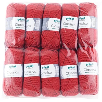 Obrázek Gründl Classico vlna (Öko Tex ® certifikovaná pletací příze z 50 % střižní vlny (Merino) a polyakryl, g/120 m, tloušťka jehlic: 3,5 4,5, 10 klubko á g), červená