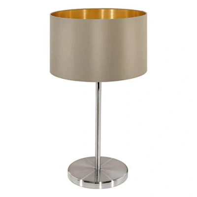 Obrázek EGLO stolní lampa Maserlo, 1 plamenná textilní lampa, na noční stolek z kovu ve stříbrné barvě a látce v taupe, zlatá, objímka E27, vč. vypínače