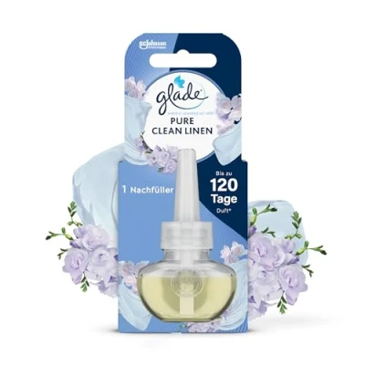 Obrázek Glade electric scented oil náhradní náplň, elektrická vůně do místnosti s vonným olejem, Pure Clean Linen, 1 balení (1 x 20 ml)