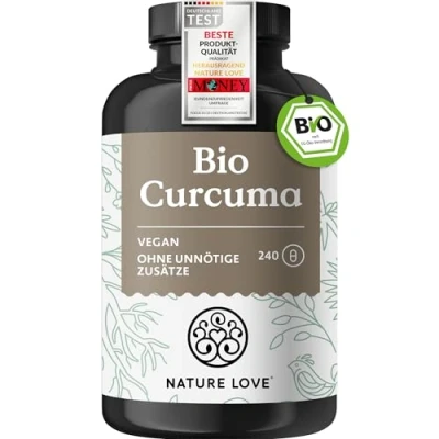 Obrázek NATURE LOVE Bio Curcuma 240 kapslí s kurkuminem z kurkumy a piperinu černého pepře ve vysokých dávkách, veganské, laboratorně testováno vyrobeno v Německu