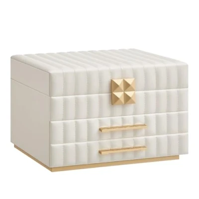 Obrázek SONGMICS HOME Kolekce ANAH Šperkovnice se zrcadlem 3 úrovně, uložení šperků 2 zásuvky, PU švy, plovoucí efekt, 21,5 x 24 15,8 cm, Vánoce, mrakově bílá JBC183W01