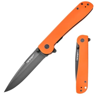 Obrázek TONIFE Guidingstar zavírací nůž s klipem na kapsu, protiskluzový jednoruční EDC, čepel 8Cr14MoV a rukojeť G10 pro outdoorový kempinkový (oranžový + šedý titan)