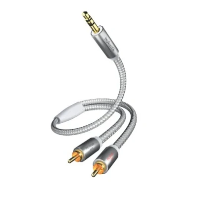 Obrázek inakustik 004100015 prémiový jack adaptér 3,5 mm &gt; 2 x RCA pro připojení smartphonů, tabletů nebo PC k HiFi zesilovači 1,5 m v bílé/stříbrné 2násobné stínění moderní výpletový