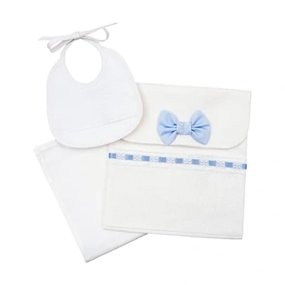 Obrázek Filet Trageset, Bestehend aus einer Tasche mit Aida Einsatz, Waschlappen und Lätzchen zum Besticken, Geschenkidee für werdende Eltern, 100% Baumwolle, Made in Italy, Weiß Hellblau