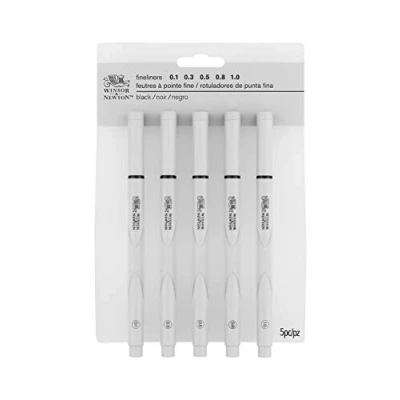 Obrázek Winsor &amp; Newton 0290068 Fineliner Set, 5 Pigment Liner für exakte Linien und Outlines, hohe Qualität, Pigmenttinte, dokumentenecht, lichtbeständig Linenbreite, 0,1 mm, 0,3 0,5 0,8 1,0 mm
