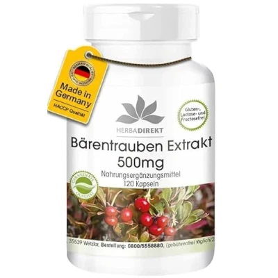 Obrázek Extrakt z borůvek 500 mg 120 kapslí Uva Ursi standardizovaný na 20 % arbutin vysoká dávka veganský HERBADIREKT by Warnke Vitalstoffe Německá lékárnická kvalita