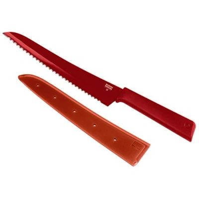 Obrázek KUHN RIKON Colori+ nůž na chléb zoubkovaná čepel s ochranou čepele, nepřilnavý povrch, nerezová ocel, 32,5 cm, červená