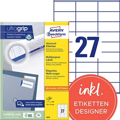 Obrázek AVERY Zweckform Univerzální etikety 3479 (2700 lepicích etiket, 70 x 32 mm na A4, papír matný, individuálně potisknutelné, samolepicí nálepky s ultragrip) 100 listů, bílé