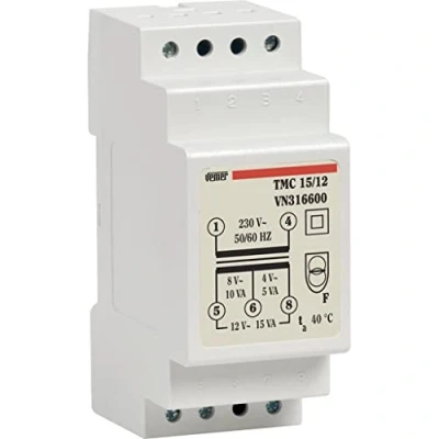 Obrázek VEMER VN316600 TMC 15/12 Trafo für Hutschienen mit Primärspannung 230V, Sekundärspannung 4 8 12V und Leistung 15VA, Weiß