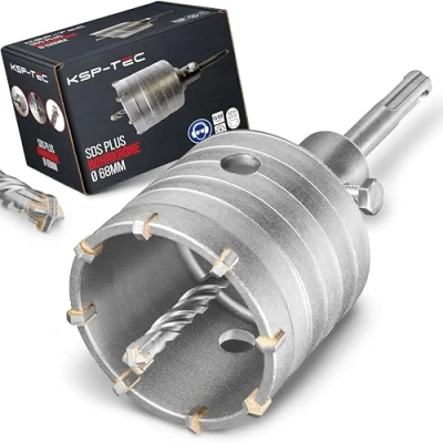 Obrázek KSP Tec ® vrtací korunka 68 mm zesílená konstrukce odolná proti nárazu [zuby XXL] 4 řezací středicí vrtáky krabicový vrták zásuvka pro zdivo a beton (68 mm)