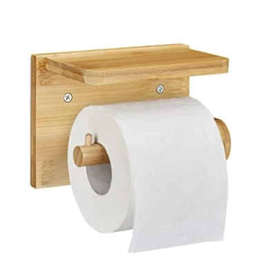 Obrázek Relaxdays držák toaletního papíru s odkládací plochou, pro mobilní telefon a vlhčené ubrousky, bambusový papíru, V x š 16 10,3 cm, přírodní