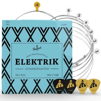 Obrázek BELFORT® struny na elektrickou kytaru prvotřídní pro (sada 6 stru) vč. 4 trsátek + extra vysoké elektrické (struny, elektrická kytara, kytaru)