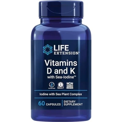 Obrázek Life Extension Vitamín D3 a K2, s mořským jódem, depotem, každých 5 dní 1 kapsle, 60 kapslí, laboratorně testováno, bez lepku, sóji, genetického inženýrství