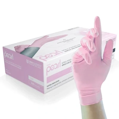 Obrázek UNIGLOVES Pink Pearl Nitrilové vyšetřovací rukavice mnohostranně použitelné, jednorázové bez pudru a latexu box se 100 rukavicemi, růžové, extra malé (GP0051)