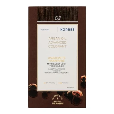 Obrázek KORRES Argan Oil Colorant barva na vlasy bez amoniaku čokoládově hnědá světlá 5. 7 100% zakrytí šedých vlasů a veganská pro dlouhotrvající barevný výsledek