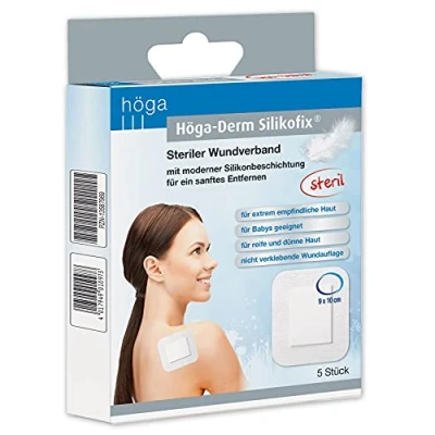 Obrázek Höga Derm Silikofix 9 cm x 10 cm, sterilní obvaz na rány (náplast) s moderní silikonovou vrstvou pro jemné odstranění, 5 kusů, bílá