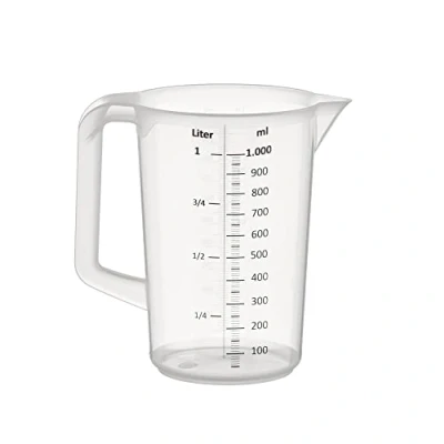 Obrázek APS 30047 odměrka 1 litr, Ø 12 x V: 17 cm, plastový kelímek s vyraženou stupnicí na vnější rozměry, uzavřená rukojeť, rozdělení ml a ml, vhodné do myčky nádobí