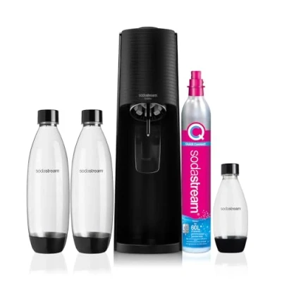 Obrázek SodaStream Výrobník sody Terra Black Value Pack x3 s 2 1 l a lahví à 1/2 l, lze mýt v myčce bombička Quick Connect, akryl, černá zemina