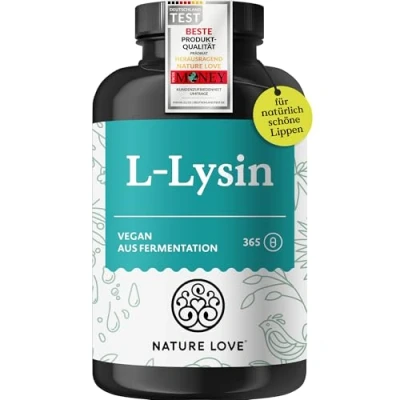 Obrázek NATURE LOVE® L lysin 365 veganských kapslí 1000 mg HCL v denní dávce z rostlinné fermentace dosah 6 měsíců laboratorně testováno, bez přísad a vyroben Německu