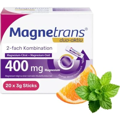 Obrázek Magnestrans Duo aktivní 400 mg granulát hořečnatý k požití bez tekutin s 2násobnou kombinací citrátu hořečnatého a oxidu 1 x 20 tyčinek