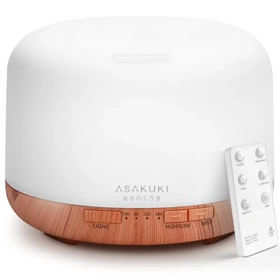 Obrázek ASAKUKI Aroma difuzér 500 ml, ultrazvukový aromaterapeutický na éterické oleje, zvlhčovač vzduchu s dálkovým ovládáním, automatické vypnutí při bezvodém stavu a 7 druhů barev LED světla