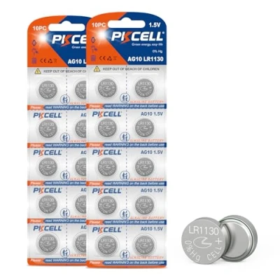Obrázek PKCELL LR1130 AG10 knoflíkové baterie, alkalická knoflíková baterie pro audioknihy, hodinky, hračky, 20 kusů