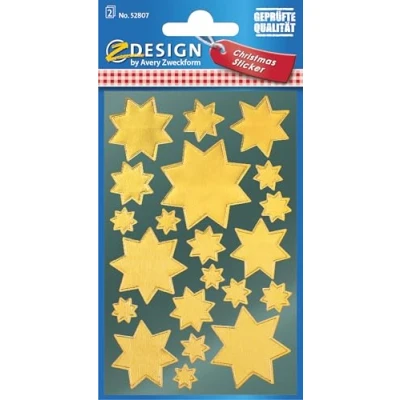 Obrázek AVERY Zweckform 42 samolepek Vánoce hvězdy zlaté (Made in Germany, vánoční nálepky lesklý papír, samolepicí dekorace na karty, dárky, sáčky) 2 luky/po 21 hvězdných samolepkách, 52807