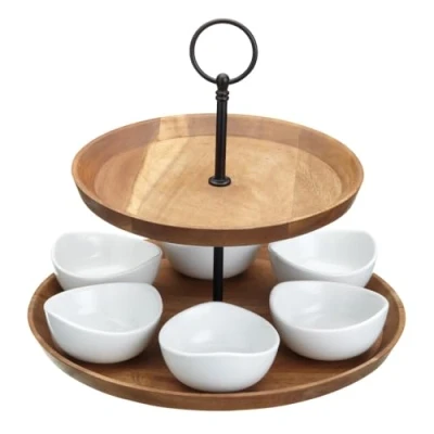 Obrázek Artesà 2patrový stojan na tapas a pokrmy, pokrmy se 6 miniporcelánovými miskami, dřevěný koláče ruční práce v dárkové krabičce, 24 x 25 cm, hnědý černý