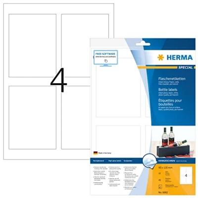 Obrázek HERMA 8882 etikety na láhve, 10 listů, 90 x 120 mm, 4 arch A4, 40 kusů, samolepicí, potištěné, lesklé, prázdné nálepky z vysoce kvalitního papíru, bílé