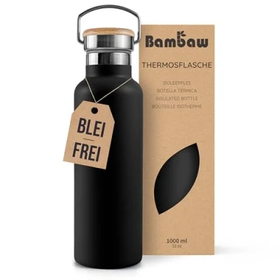 Obrázek Bambaw Thermosflasche 1, Trinkflasche 1l Schwarz, Edelstahl Trinkflasche, Getränkeflasche 1 Liter, Bambus Isolierflasche, Thermotrinkflasche Tiefschwarz