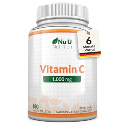 Obrázek Vitamín C 1000 mg vysoké dávky 180 veganských tablet Vit po dobu 6 měsíců pro imunitní podporu* bez přísad od Nu U Nutrition