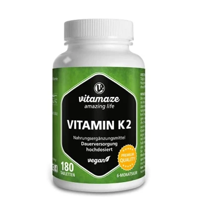 Obrázek Vysoce koncentrovaný vitamín K2 a veganský, 200 mcg MK 7 menaquinon (certifikovaný, All Trans forma), 180 tablet, zásoba 6 měsíců, přírodní doplněk stravy bez přísad, vyrobeno v Německu