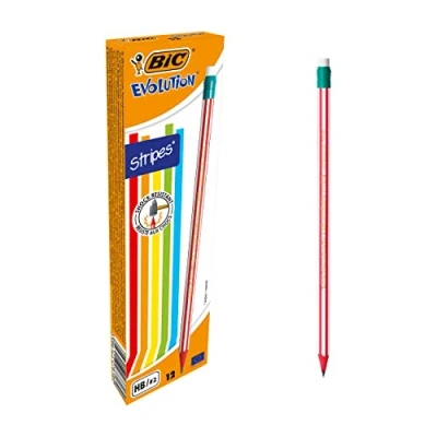 Obrázek BIC Evolution Stripes, 12 tužek s gumou, HB tužky středně tvrdé, bez dřeva a nerozbitné