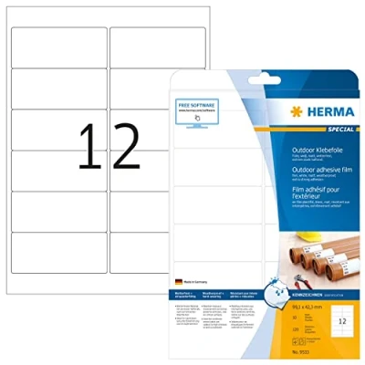 Obrázek HERMA 9533 etikety odolné proti povětrnostním vlivům, 10 listů, 99,1 x 42,3 mm, 12 archů A4, 120 kusů, samolepicí, potištěné, matné, prázdné venkovní lepicí nálepky z polyetylénu, bílé