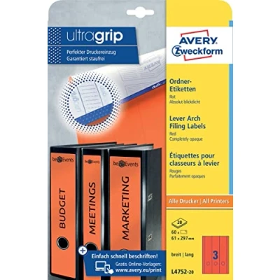 Obrázek AVERY Zweckform L4752 20 etikety na hřbety pořadačů (60 štítků hřbetu s ultra gripem, 61 x 297 mm A4, široké/dlouhé, samolepicí, absolutně neprůhledné, potištěné pořadače) listů,
