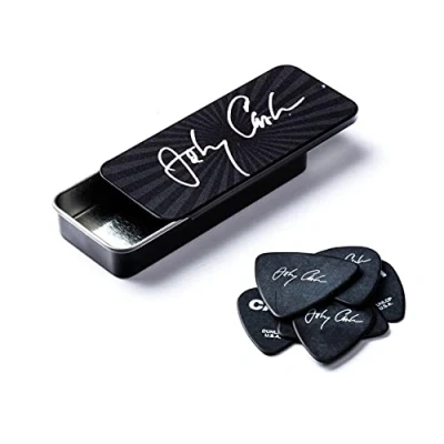 Obrázek JIM DUNLOP Plektrum Johnny Cash, Signature, Celluloid, krabička z kovu s 6 kusy, střední