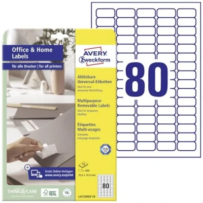 Obrázek AVERY Zweckform L4732REV 10 univerzální etikety (800 lepicích štítků, 35,6 x 16,9 mm na A4, lze opět beze zbytku odstranit / odstranitelné, individuálně potisknutelné, samolepicí nálepky) listů,