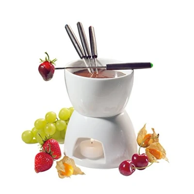 Obrázek Cilio Čokoládové fondue 6dílná sada, čokoládové z ohnivzdorného tvrdého porcelánu, ø 12 cm, vč. hrnce na fondue, Rechaud, 4 vidliček a 1 čajovou svíčku, k ponoření ovoce, bílá