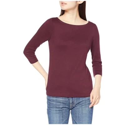Obrázek Amazon Essentials Dámské jednobarevné tričko s lodičkovým výstřihem a 3/4 rukávy v úzkém střihu, burgundská červená, XS
