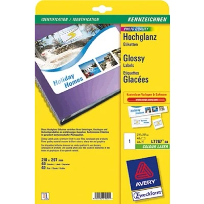 Obrázek AVERY Zweckform L7767 40 etikety s vysokým leskem (210 x 297 mm na DIN A4, lze potištěné laserovou tiskárnou, samolepicí, papír k označení produktu) lesklých nálepek listů, bílé