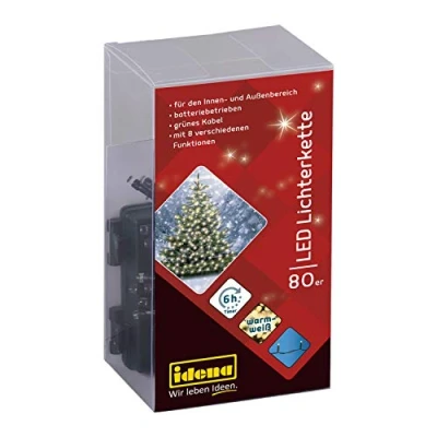 Obrázek Idena 30438 LED světelný řetěz s 80 v teplé bílé, 8 funkcí svícení, funkce časovače 6 hodin, provoz na baterie, cca 6,5 m dlouhý, vnitřní a venkovní prostor, večírky, Vánoce, dekorace