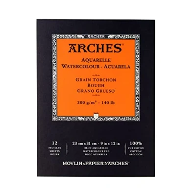 Obrázek Arches Akvarelový papír 1795102 v bloku (23 x 31 cm, lepený hlavou, jemné zrno 300 g/m²), 12 listů přírodní bílé