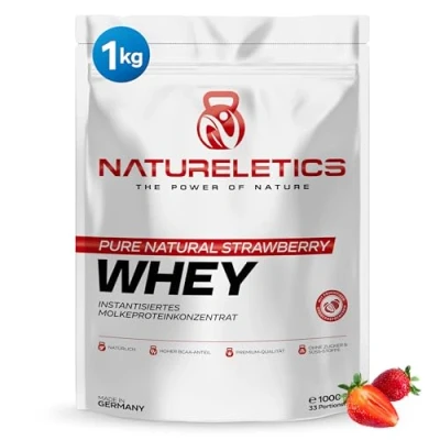 Obrázek NATURELETICS Jahoda 1 kg přírodního prémiového proteinového prášku z Německa bez přidaných sladidel a umělých aromat, proteinový prášek s vysokým podílem BCAA 22,6 %