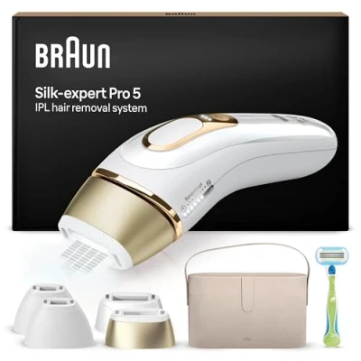 Obrázek Braun IPL Silk·expert Pro 5, odstranění chloupků doma, alternativa k laserovému odstraňování chloupků, s úložnou taškou, holicí strojek Venus, 4 nástavce, bílá a zlatá, PL5342