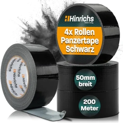 Obrázek Hinrichs Ochranná páska černá 4 role 50 m x mm textilní extra silná lepicí vodotěsná pancéřová široká power Duct Tape pro vnitřní a vnější