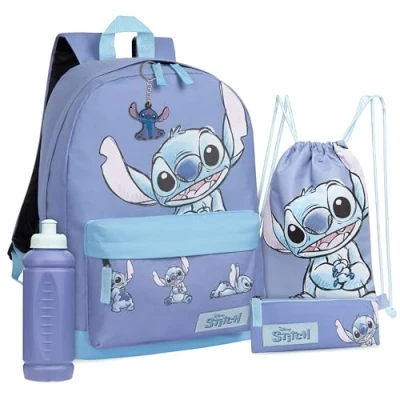Obrázek Disney Školní batoh Lilo a Stitch Dívčí sada se školním batohem, pytlík na cvičení, penál, láhev pití 470 ml &amp; Keyring věci Stitch, modrá