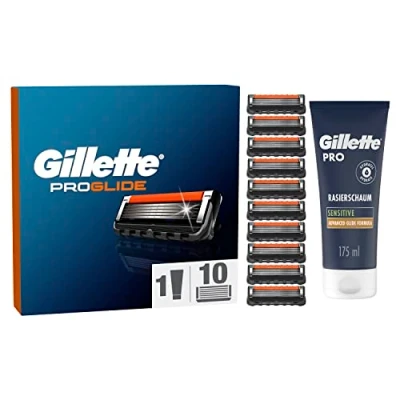Obrázek Gillette Sada břitů ProGlide a péče o vousy pro holicí strojky, 10 náhradních mokré strojky muže + pěna na holení Sensitive 175 ml, dárek