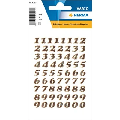 Obrázek HERMA 4193 Zahlen Aufkleber gold 0 9, 64 Stück, Schriftgröße 8 mm, selbstklebend, klein, Nummer Ziffer Klebezahlen Sticker Hausnummern aus Glitzer Folie zum Aufkleben