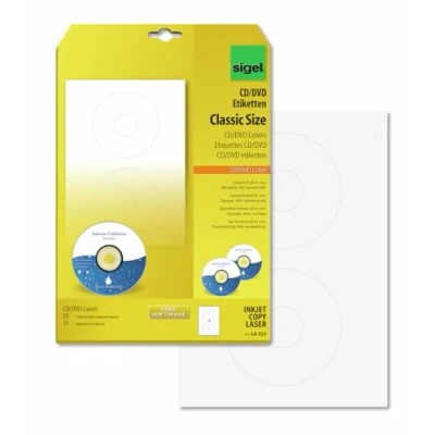 Obrázek SIGEL LA525 samolepicí štítky na CD/DVD s možností potisku, bílé, neprůhledné, 50 etiket = 25 listů, centrováním, ClassicSize 41 mm vnitřní otvor